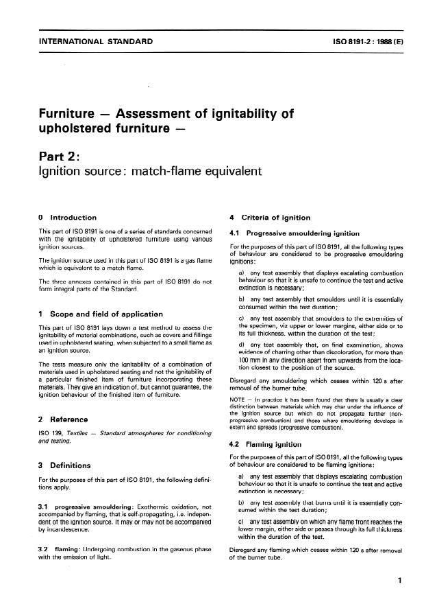 ISO 8191-2:1988 - Furniture -- Assessment of ignitability of upholstered furniture