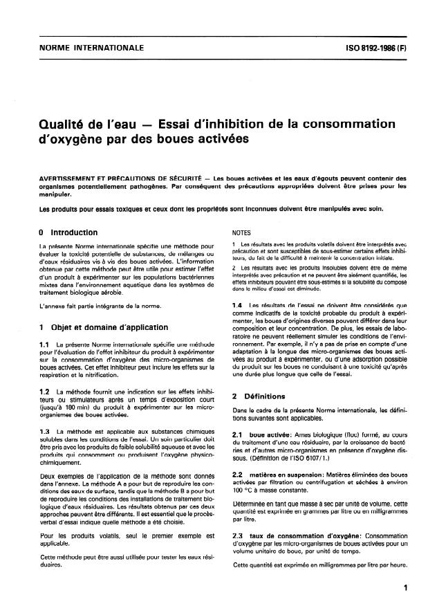 ISO 8192:1986 - Qualité de l'eau -- Essai d'inhibition de la consommation d'oxygene par des boues activées