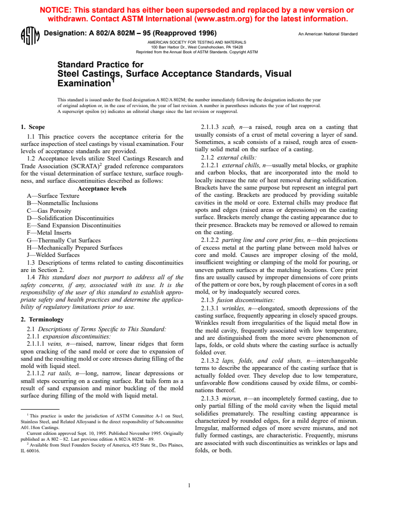 ASTM A802/A802M-95(1996) - Standard Practice for Steel Castings, Surface Acceptance Standards, Visual Examination