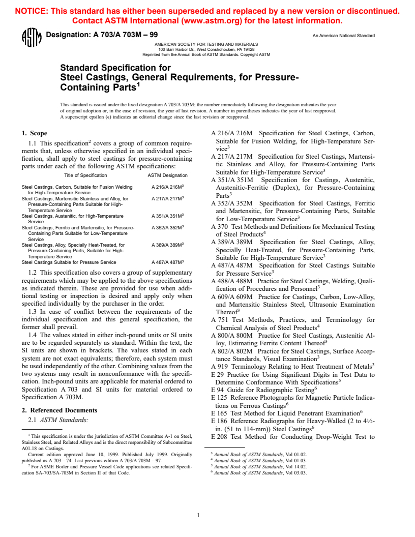 ASTM A703/A703M-99 - Standard Specification for Steel Castings, General Requirements, for Pressure-Containing Parts