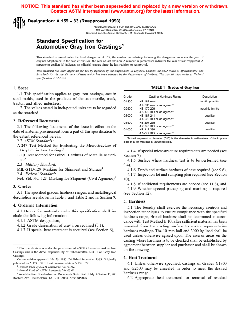 ASTM A159-83(1993) - Standard Specification for Automotive Gray Iron Castings