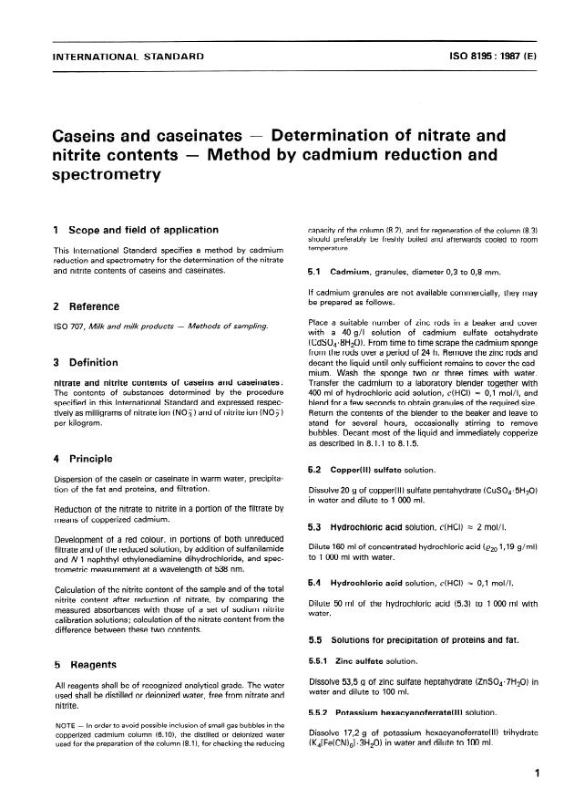 ISO 8195:1987 - Caseins and caseinates -- Determination of nitrate and nitrite contents -- Method by cadmium reduction and spectrometry