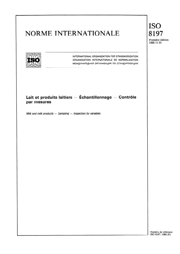 ISO 8197:1988 - Lait et produits laitiers -- Échantillonnage -- Contrôle par mesures