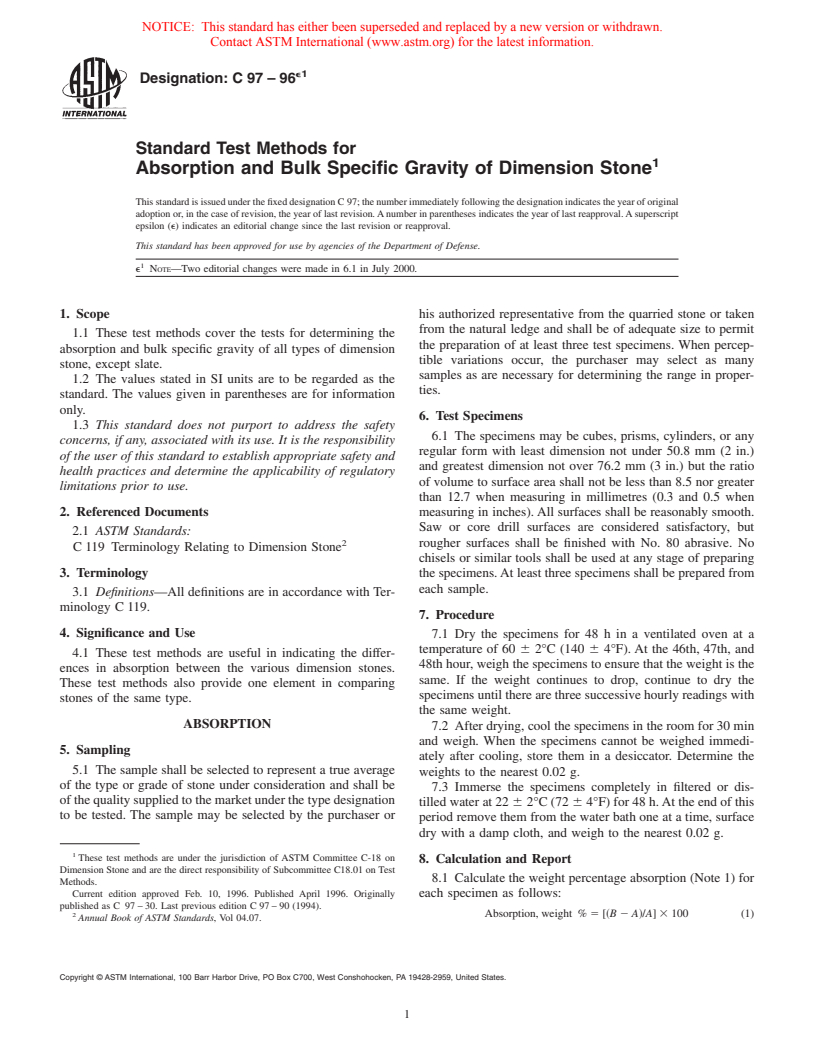 ASTM C97-96e1 - Standard Test Methods for Absorption and Bulk Specific Gravity of Dimension Stone