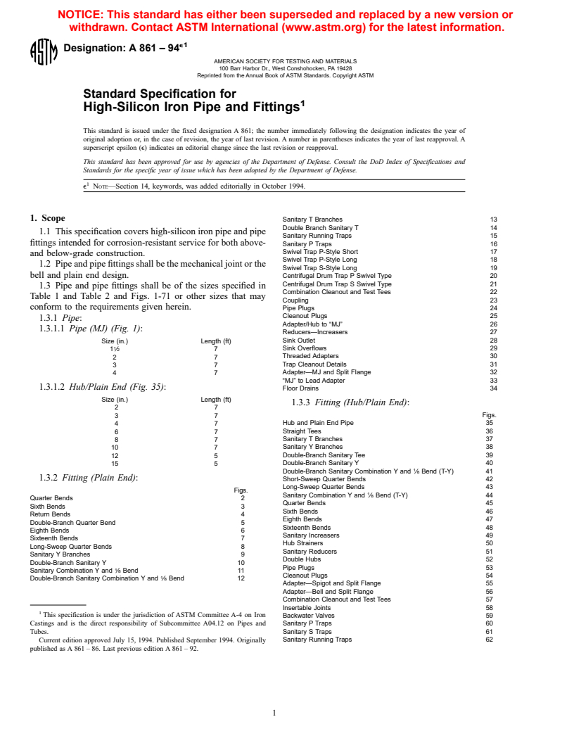ASTM A861-94e1 - Standard Specification for High-Silicon Iron Pipe and Fittings