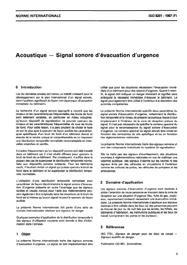 ISO 8201:1987 - Acoustique -- Signal sonore d'évacuation d'urgence