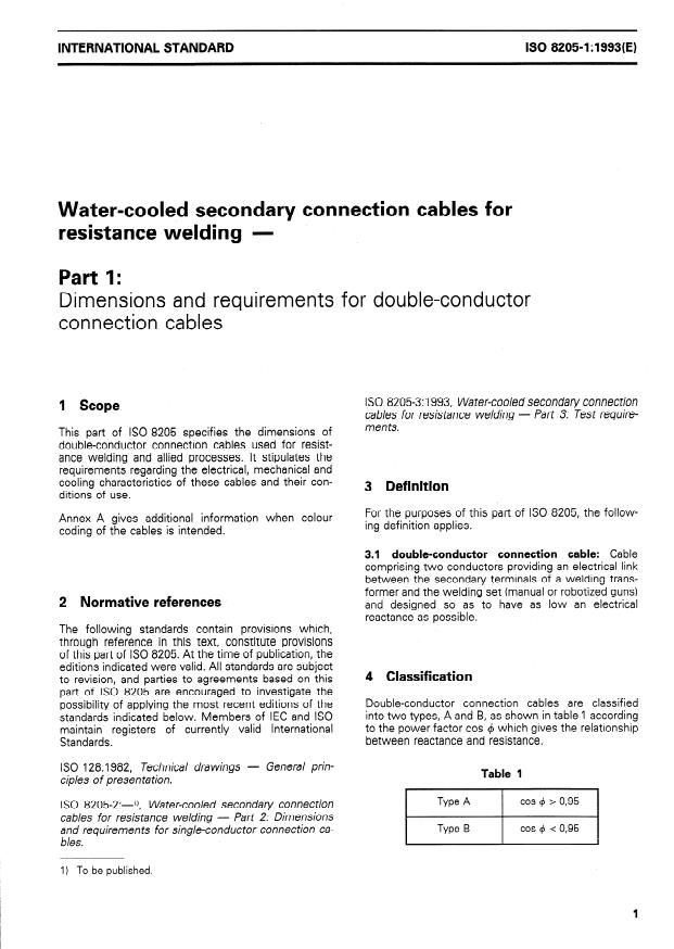 ISO 8205-1:1993 - Water-cooled secondary connection cables for resistance welding