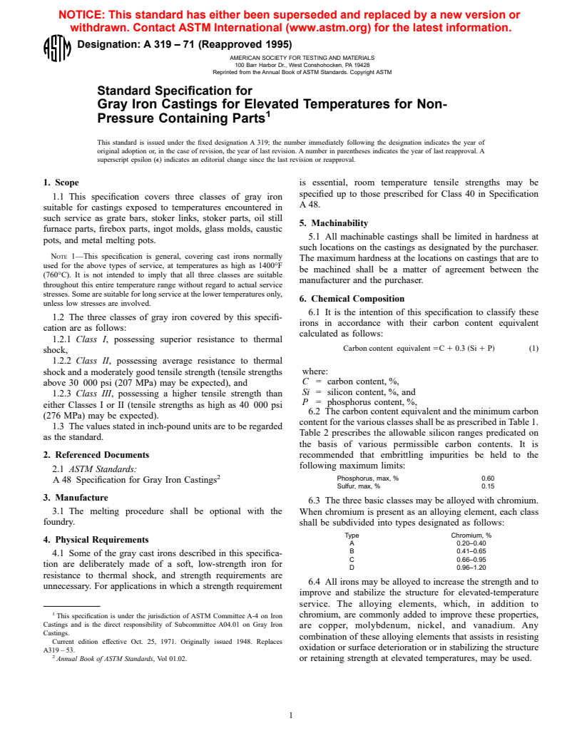 ASTM A319-71(1995) - Standard Specification for Gray Iron Castings for Elevated Temperatures for Non-Pressure Containing Parts