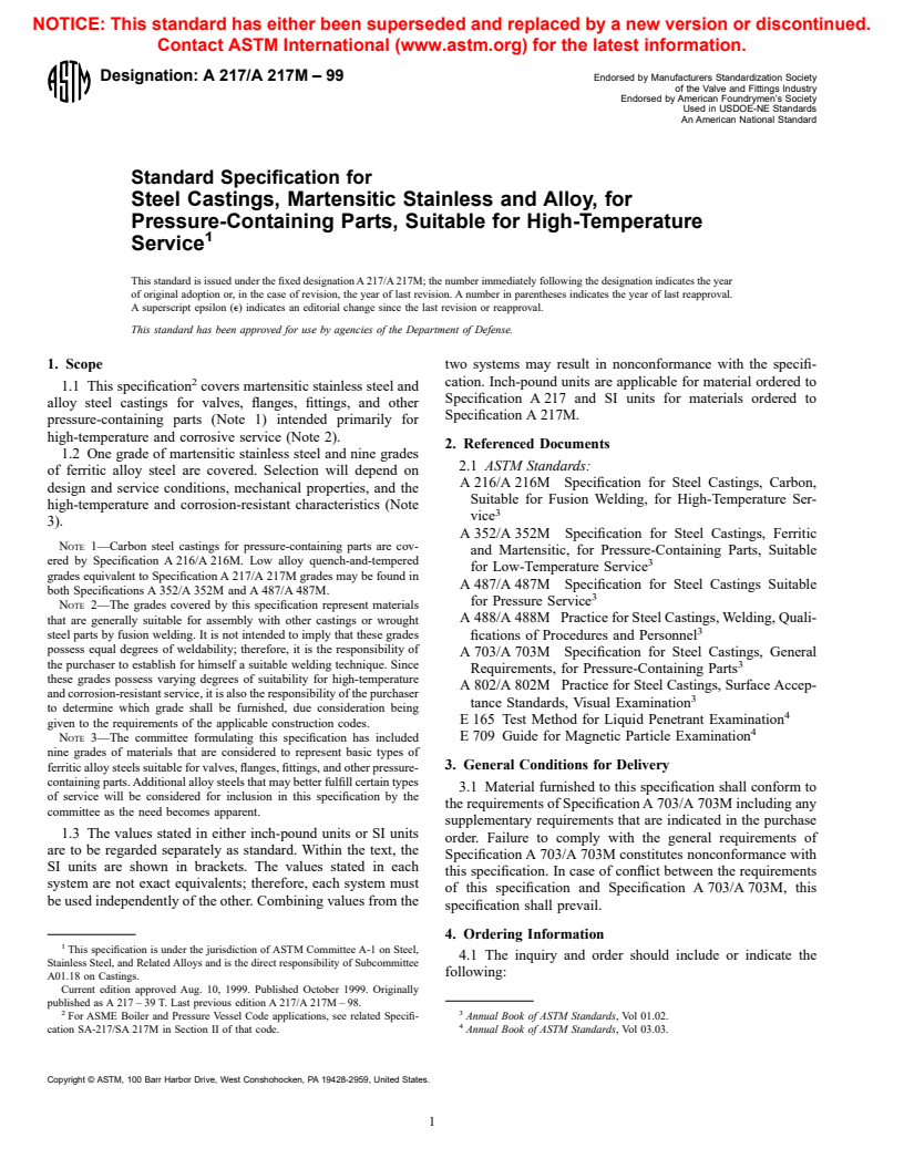 ASTM A217/A217M-99 - Standard Specification for Steel Castings, Martensitic Stainless and Alloy, for Pressure-Containing Parts, Suitable for High-Temperature Service