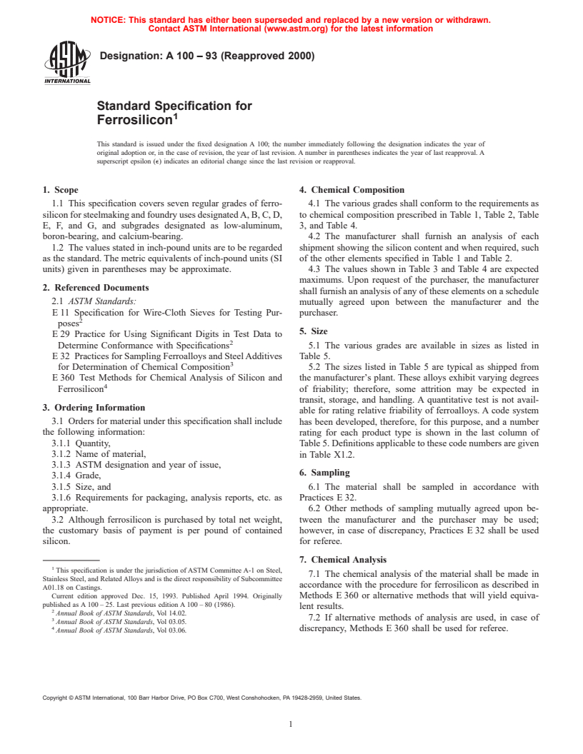 ASTM A100-93(2000) - Standard Specification for Ferrosilicon