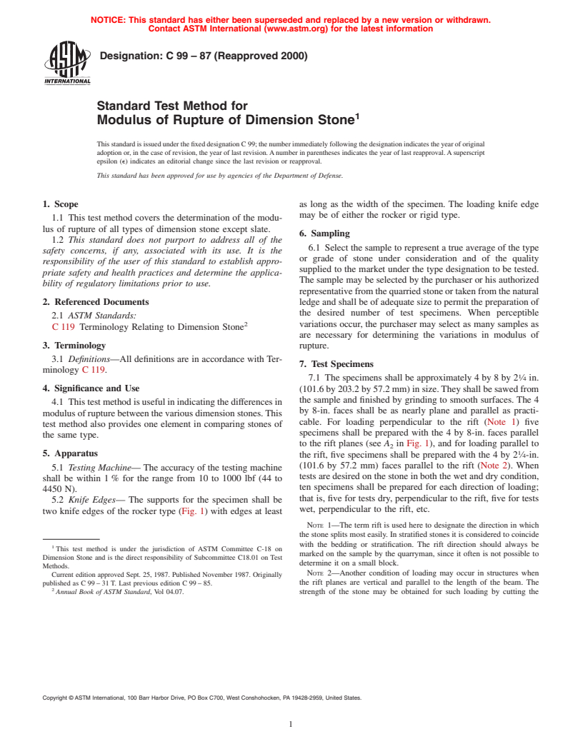 ASTM C99-87(2000) - Standard Test Method for Modulus of Rupture of Dimension Stone