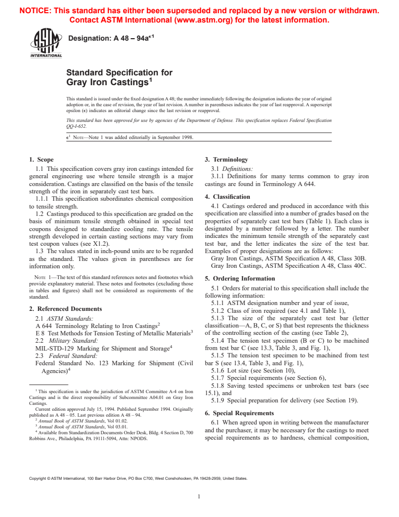 ASTM A48-94ae1 - Standard Specification for Gray Iron Castings