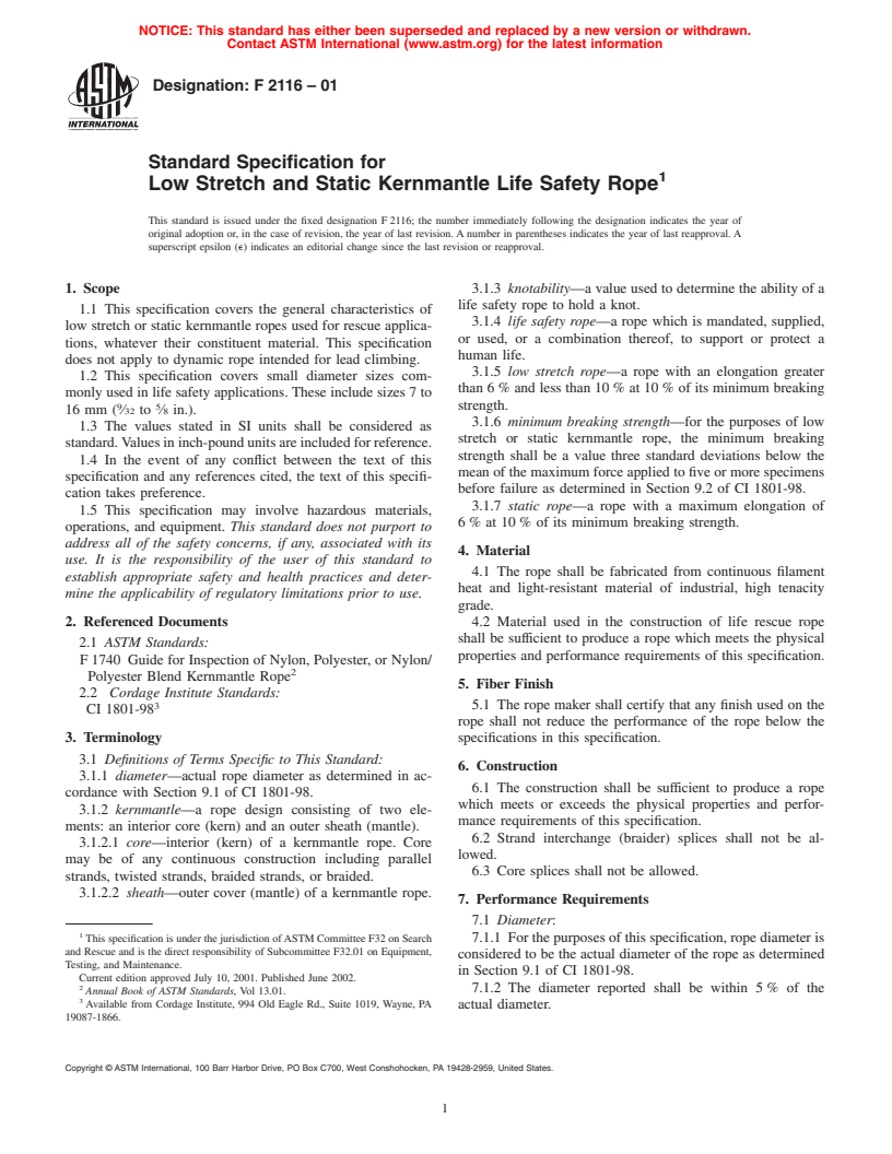 ASTM F2116-01 - Standard Specification for Low Stretch and Static Kernmantle Life Safety Rope