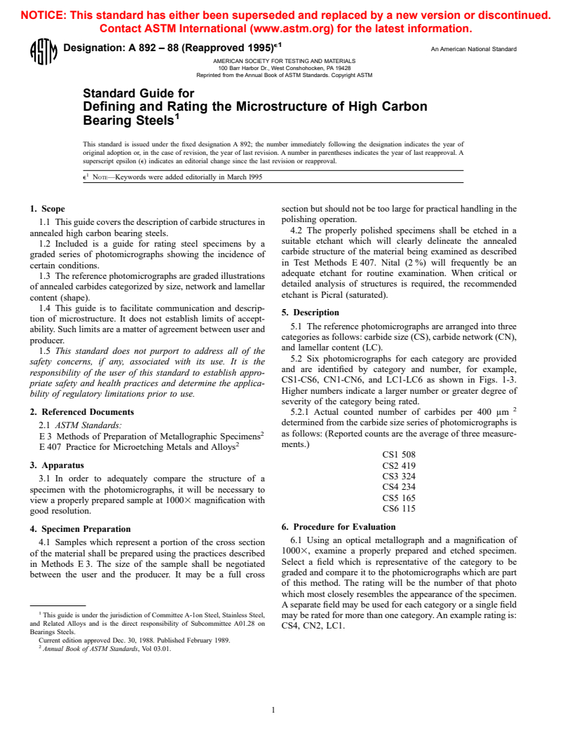 ASTM A892-88(1995)e1 - Standard Guide for Defining and Rating the Microstructure of High Carbon Bearing Steels