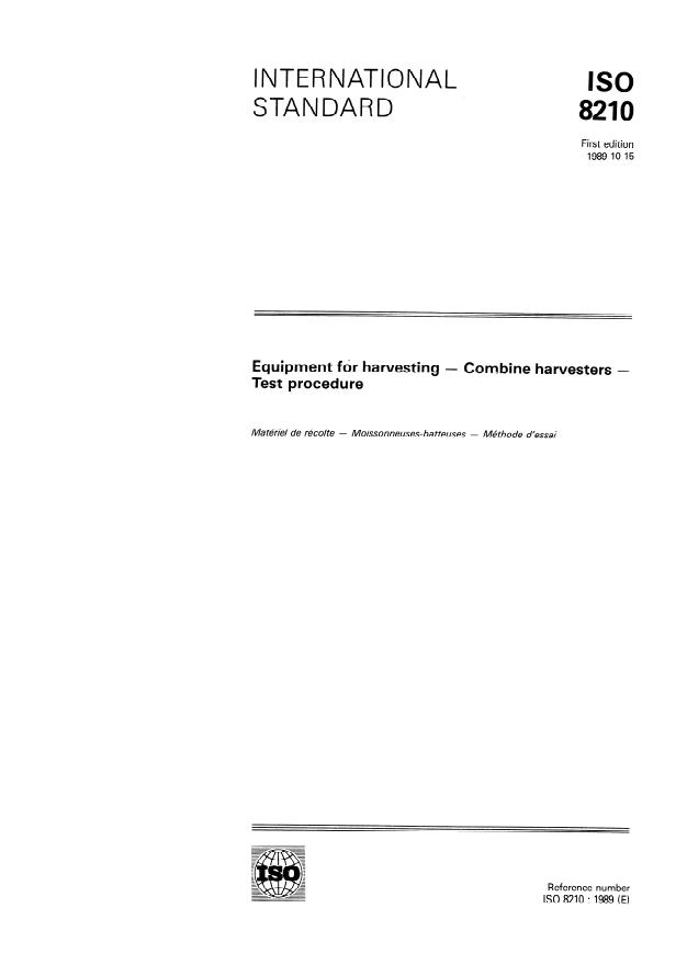 ISO 8210:1989 - Equipment for harvesting -- Combine harvesters -- Test procedure