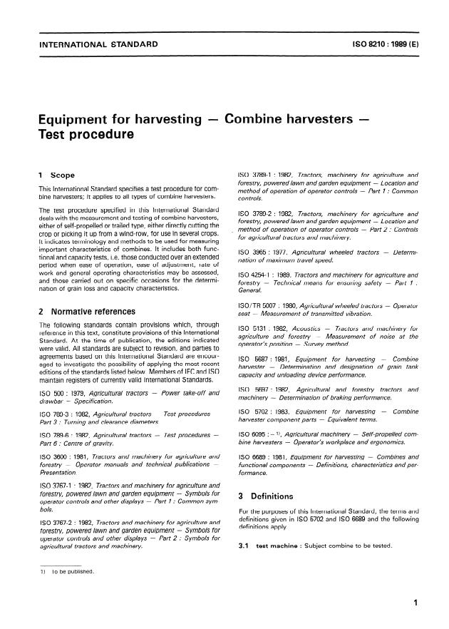 ISO 8210:1989 - Equipment for harvesting -- Combine harvesters -- Test procedure