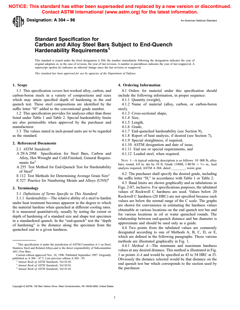 ASTM A304-96 - Standard Specification for Carbon and Alloy Steel Bars Subject to End-Quench Hardenability Requirements