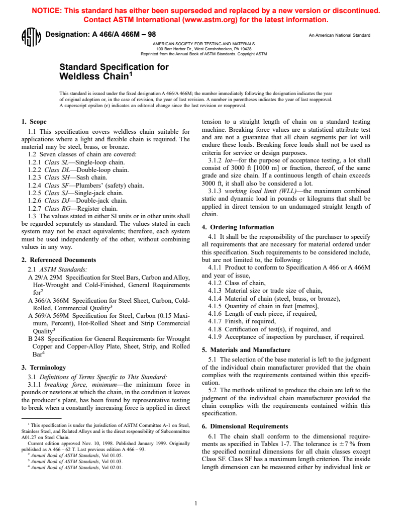 ASTM A466/A466M-98 - Standard Specification for Weldless Chain