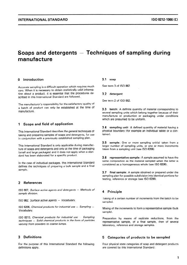 ISO 8212:1986 - Soaps and detergents -- Techniques of sampling during manufacture