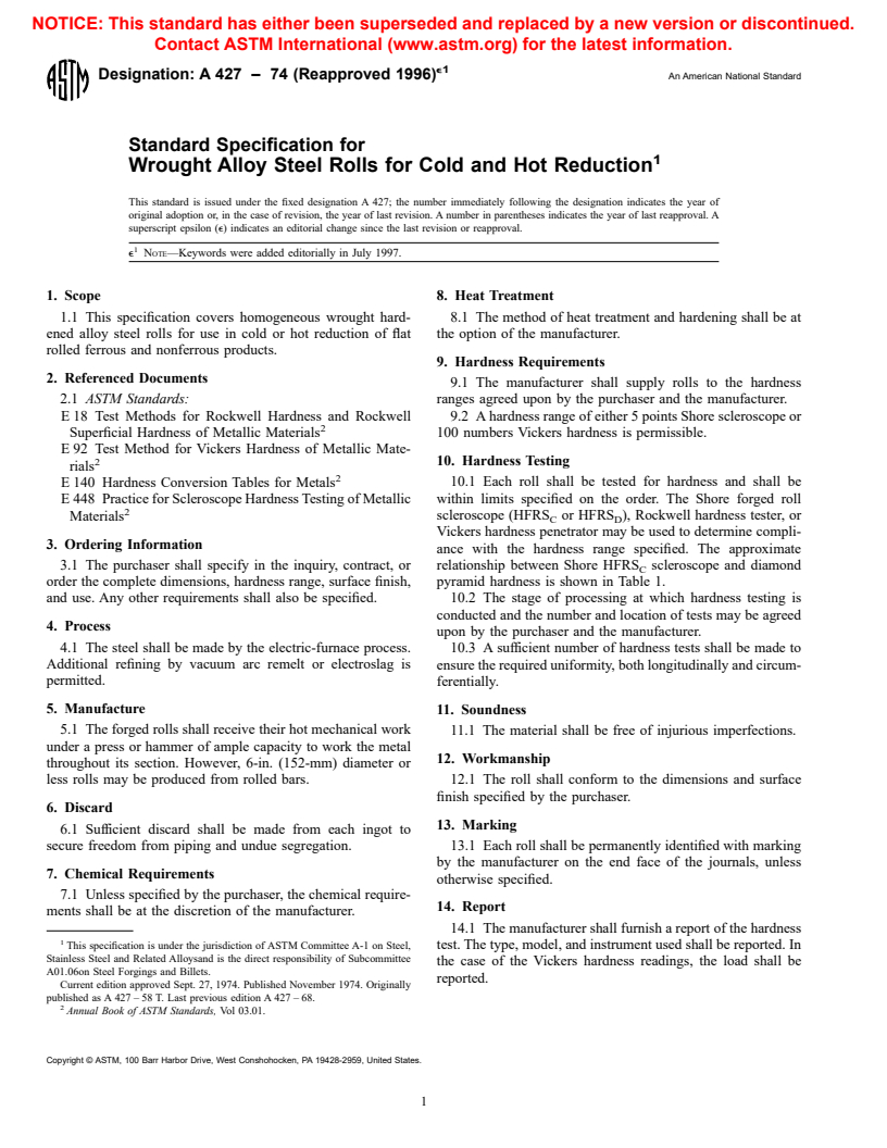 ASTM A427-74(1996)e1 - Standard Specification for Wrought Alloy Steel Rolls for Cold and Hot Reduction