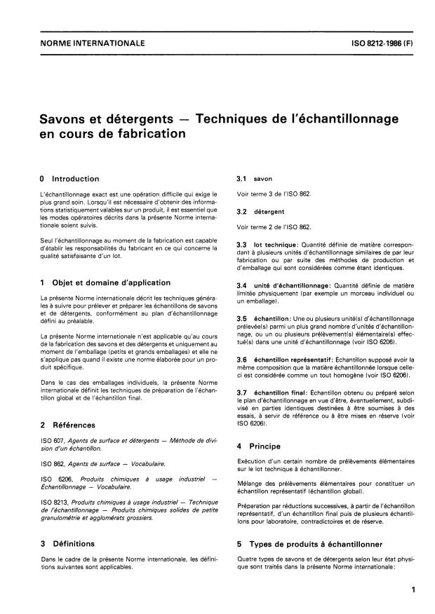 ISO 8212:1986 - Savons et détergents -- Techniques de l'échantillonnage en cours de fabrication
