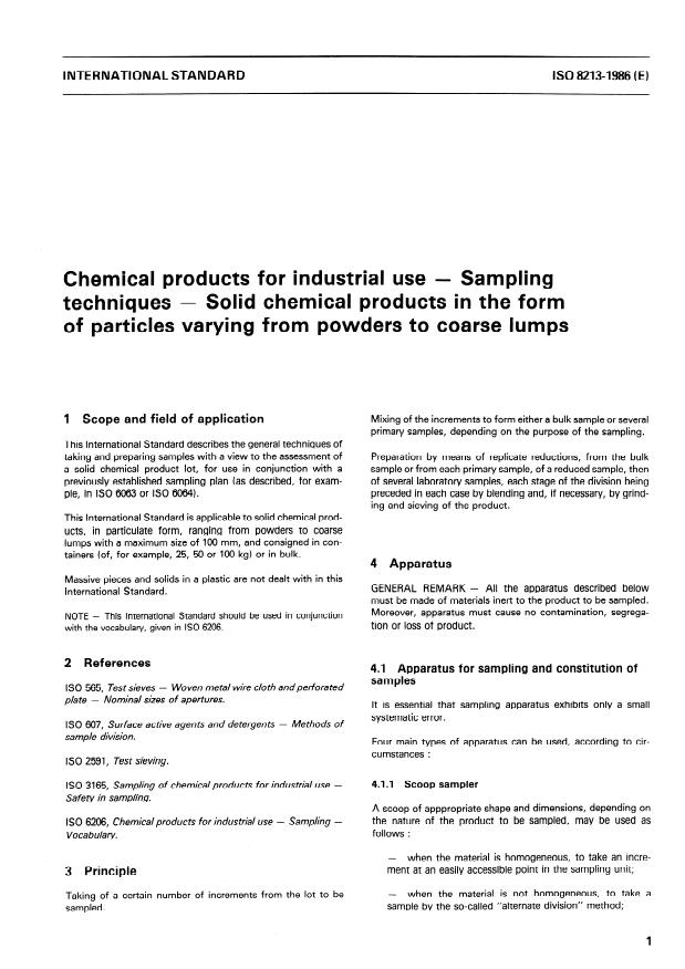 ISO 8213:1986 - Chemical products for industrial use -- Sampling techniques -- Solid chemical products in the form of particles varying from powders to coarse lumps