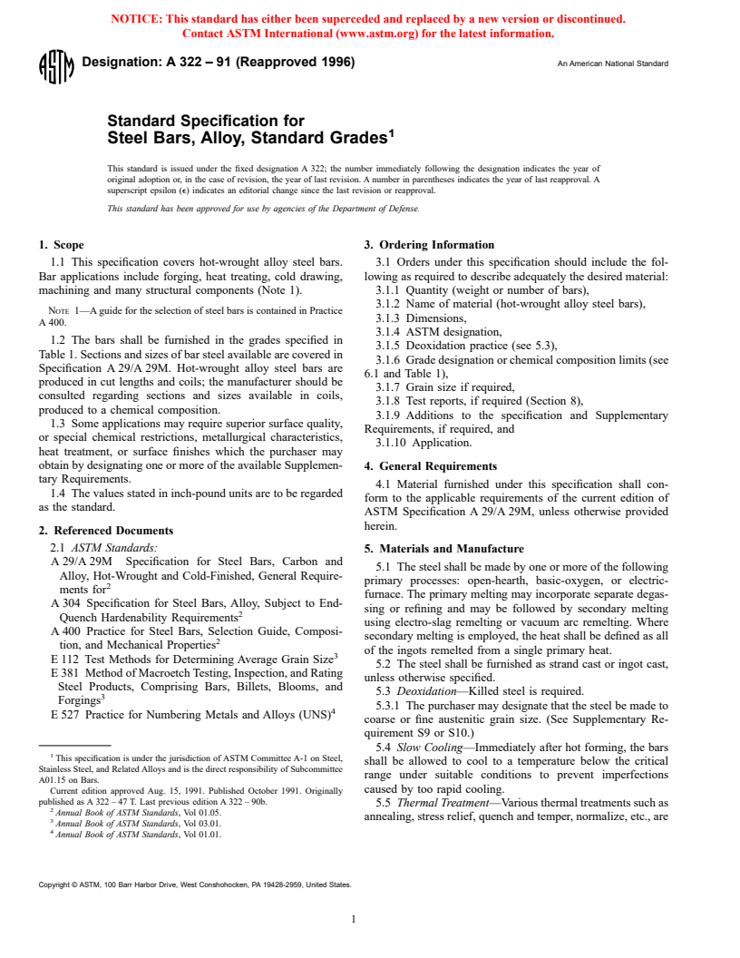 ASTM A322-91(1996) - Standard Specification for Steel Bars, Alloy, Standard Grades