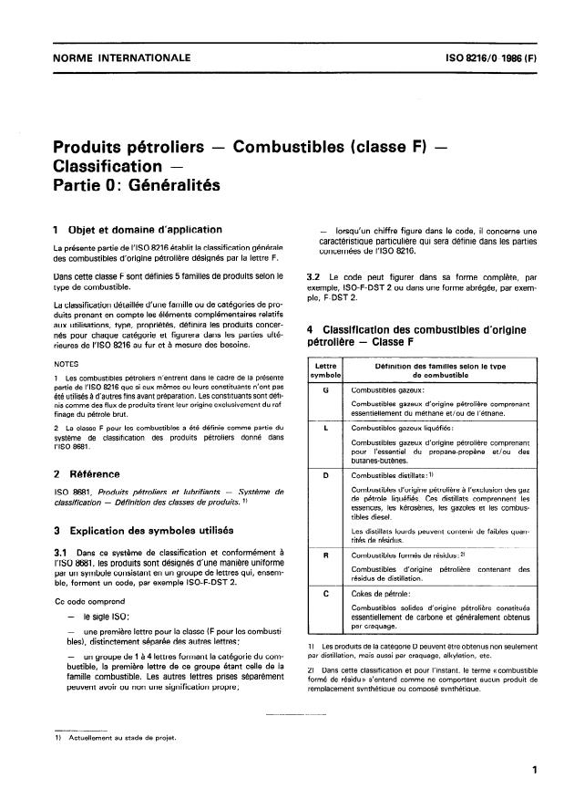 ISO 8216-0:1986 - Produits pétroliers -- Combustibles (classe F) -- Classification