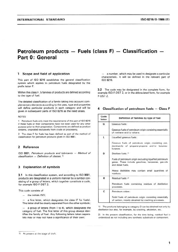 ISO 8216-0:1986 - Petroleum products -- Fuels (class F) -- Classification