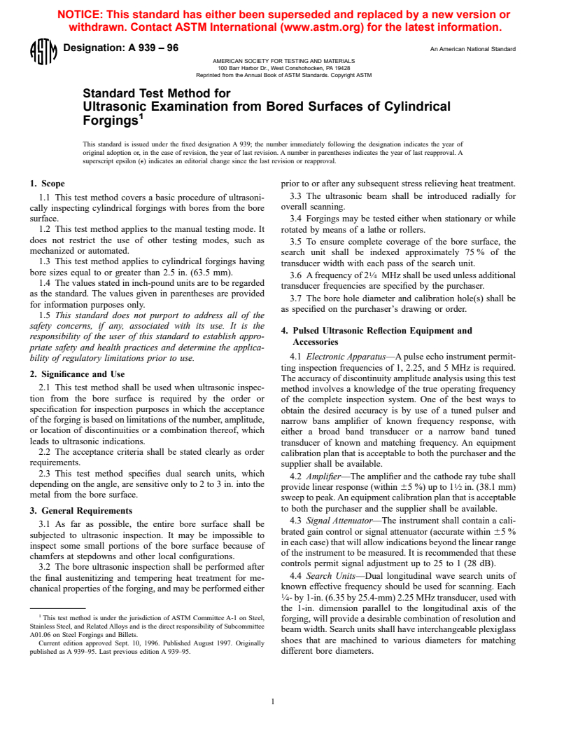 ASTM A939-96 - Standard Test Method for Ultrasonic Examination from Bored Surfaces of Cylindrical Forgings