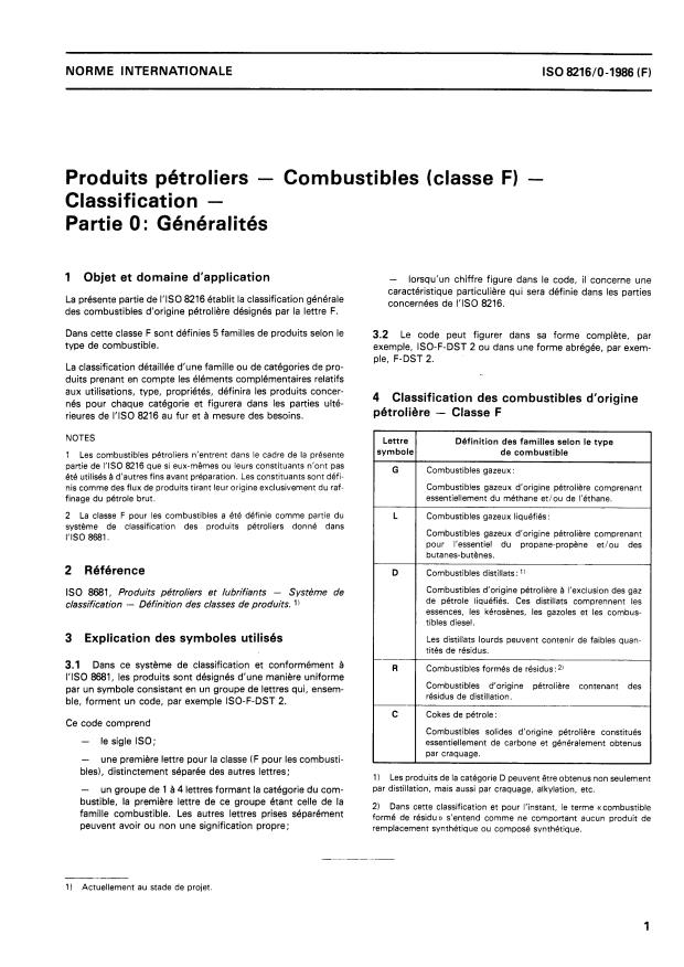 ISO 8216-0:1986 - Produits pétroliers -- Combustibles (classe F) -- Classification