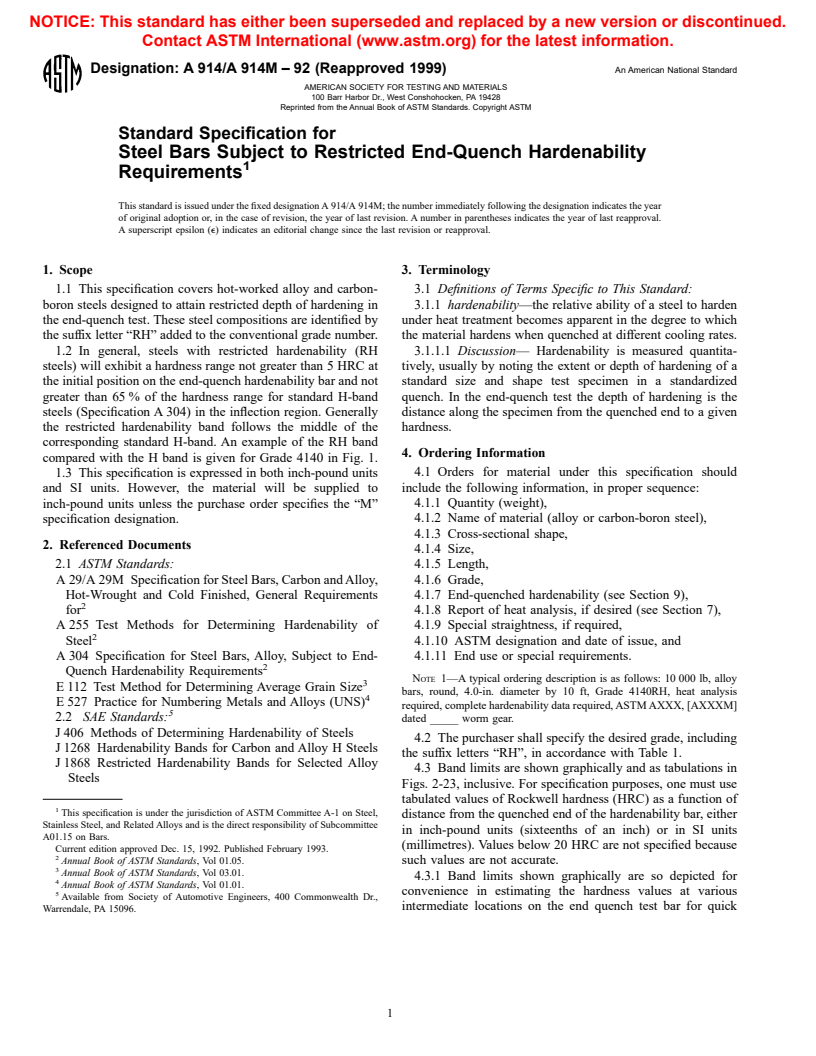 ASTM A914/A914M-92(1999) - Standard Specification for Steel Bars Subject to Restricted End-Quench Hardenability Requirements