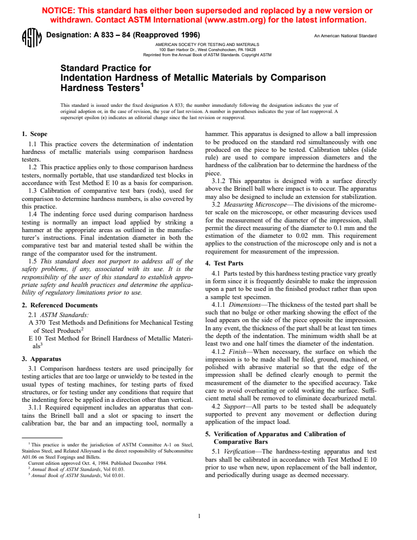 ASTM A833-84(1996) - Standard Practice for Indentation Hardness of Metallic Materials by Comparison Hardness Testers