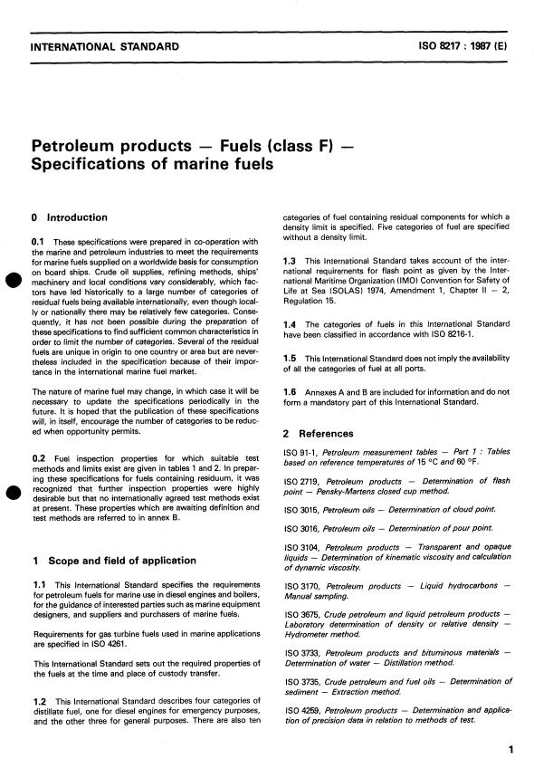 ISO 8217:1987 - Petroleum products -- Fuels (class F) -- Specifications of marine fuels