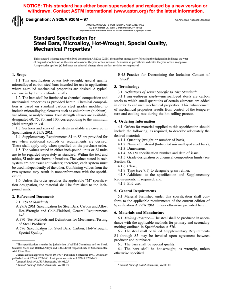 ASTM A920/A920M-97 - Standard Specification for Steel Bars, Microalloy, Hot-Wrought, Special Quality, Mechanical Properties