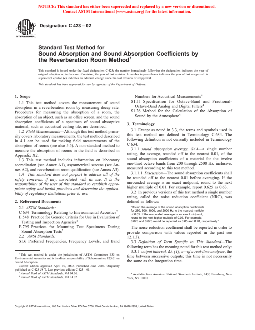 ASTM C423-02 - Standard Test Method for Sound Absorption and Sound Absorption Coefficients by the Reverberation Room Method