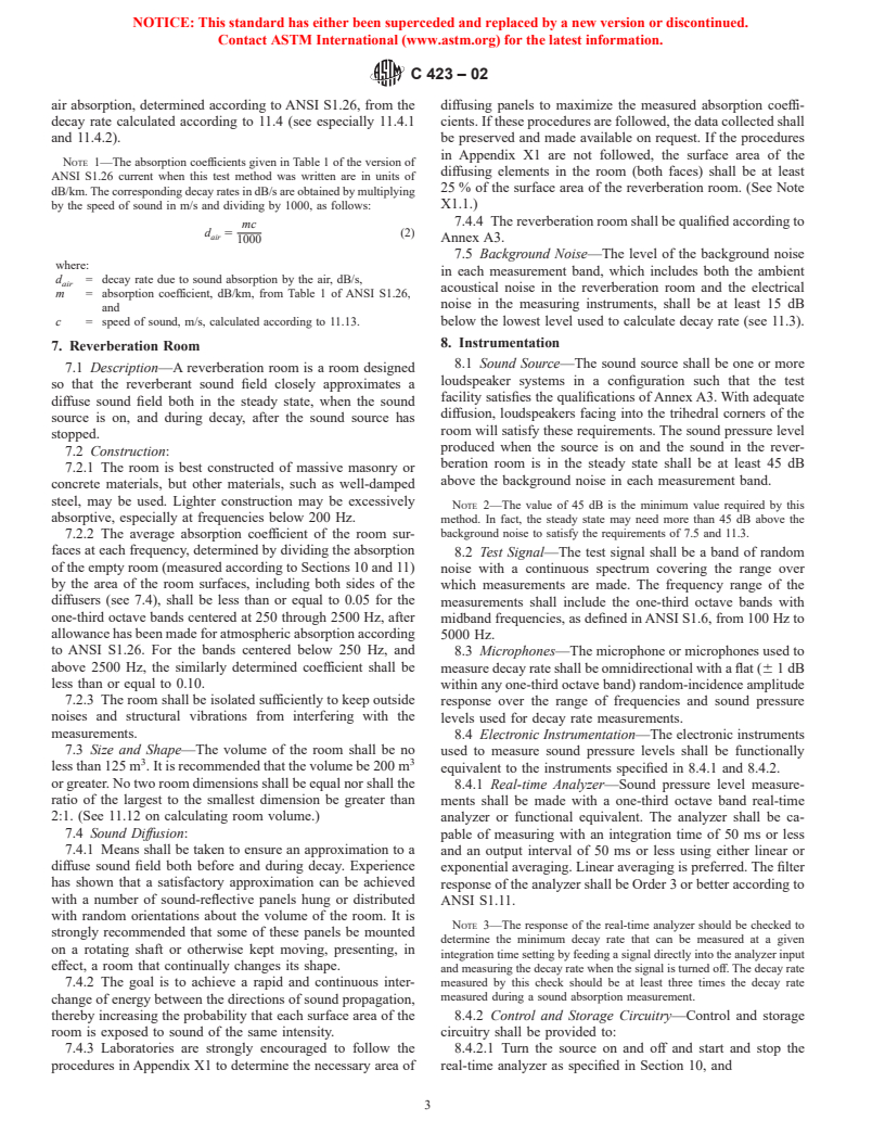 ASTM C423-02 - Standard Test Method for Sound Absorption and Sound Absorption Coefficients by the Reverberation Room Method