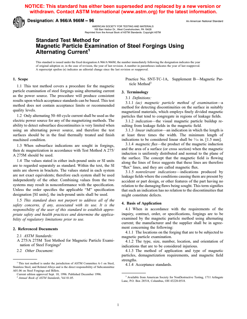 ASTM A966/A966M-96 - Standard Test Method for Magnetic Particle Examination of Steel Forgings Using Alternating Current