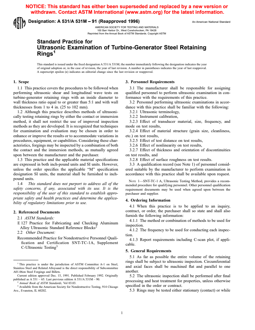 ASTM A531/A531M-91(1996) - Standard Practice for Ultrasonic Examination of Turbine-Generator Steel Retaining Rings