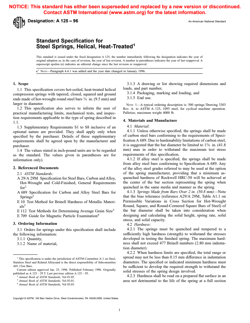 ASTM A125-96 - Standard Specification for Steel Springs, Helical, Heat-Treated