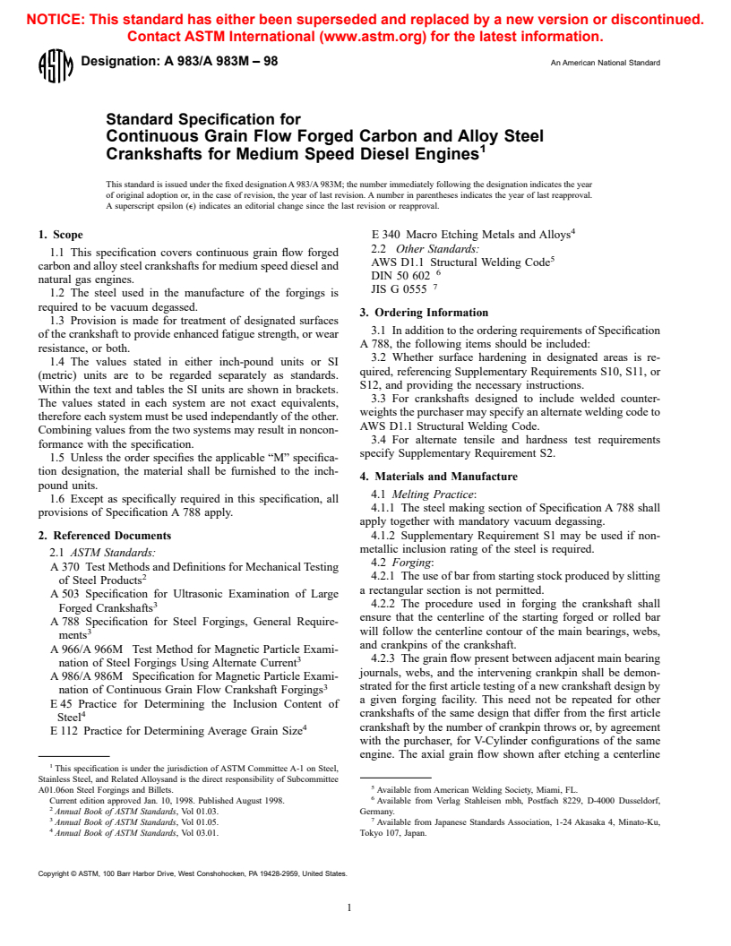 ASTM A983/A983M-98 - Standard Specification for Continuous Grain Flow Forged Carbon and Alloy Steel Crankshafts for Medium Speed Diesel Engines