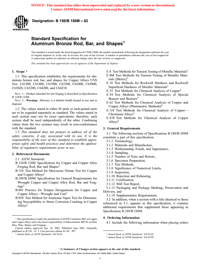ASTM B150/B150M-02 - Standard Specification for Aluminum Bronze Rod, Bar, and Shapes