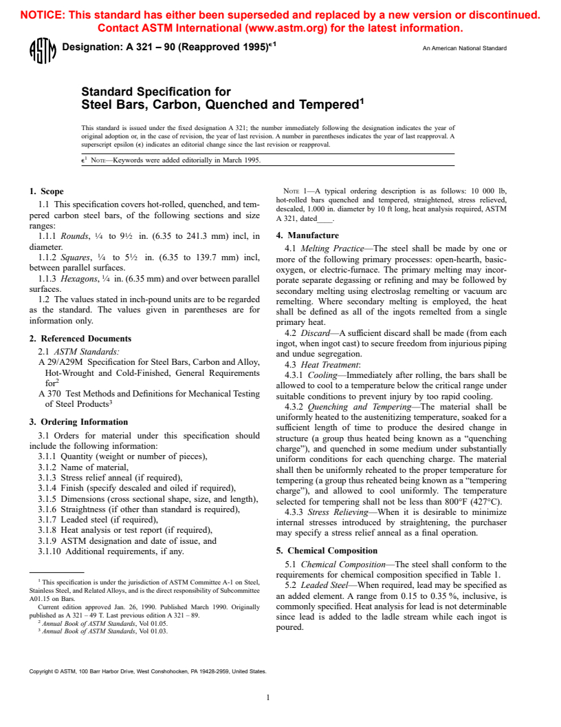 ASTM A321-90(1995)e1 - Standard Specification for Steel Bars, Carbon, Quenched and Tempered