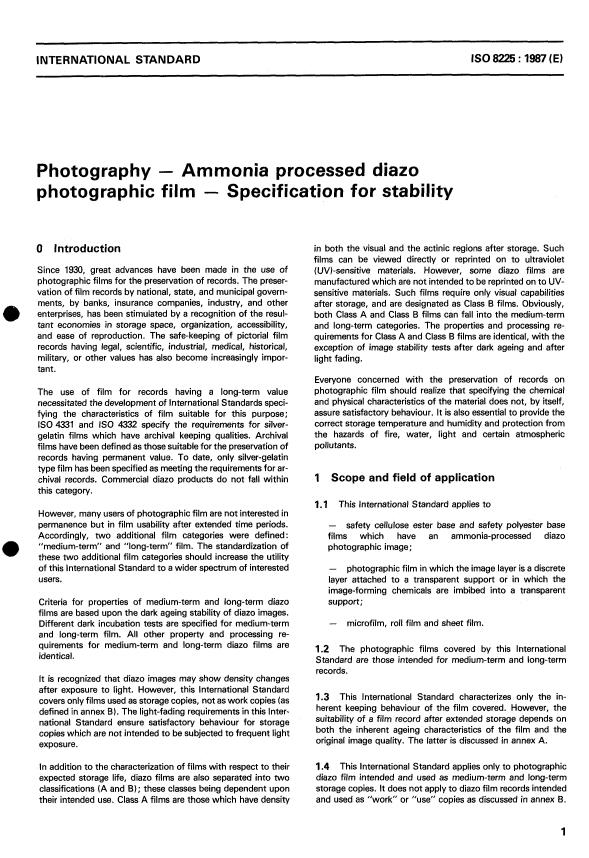 ISO 8225:1987 - Photography -- Ammonia processed diazo photographic film -- Specification for stability