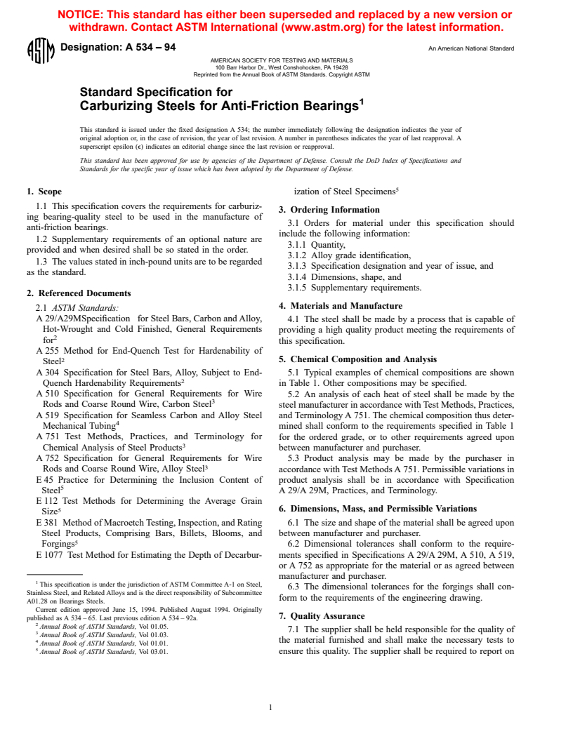 ASTM A534-94 - Standard Specification for Carburizing Steels for Anti-Friction Bearings