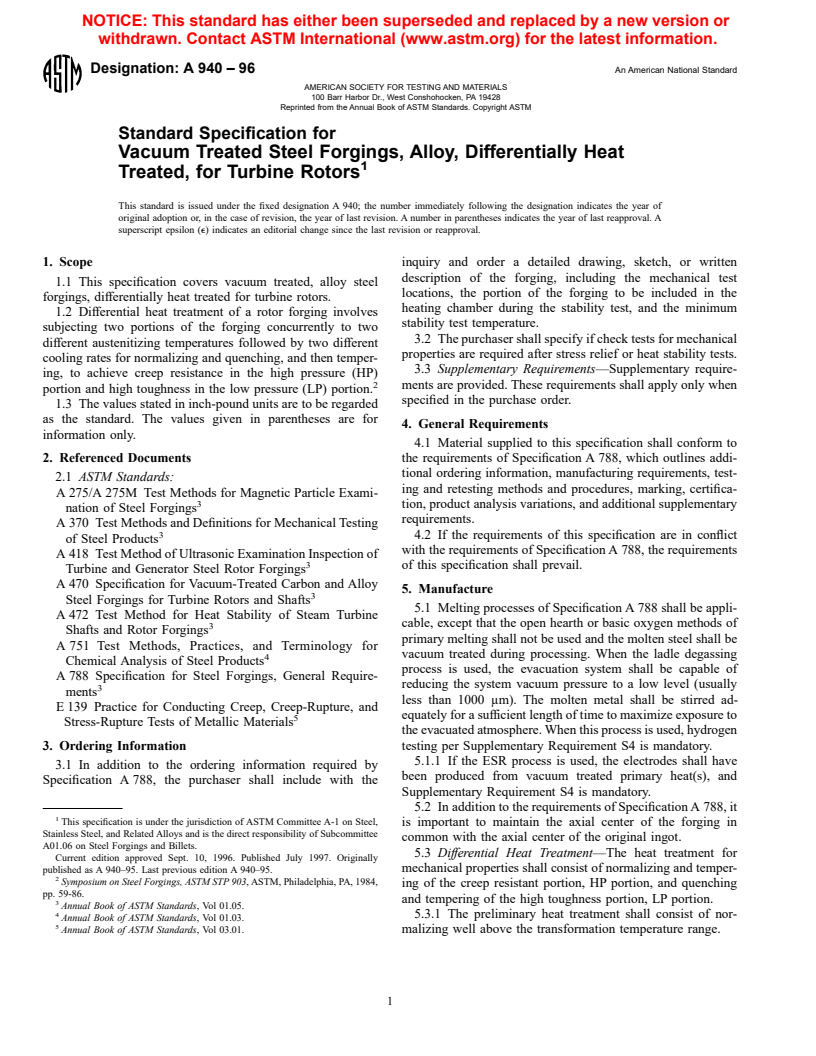 ASTM A940-96 - Standard Specification for Vacuum Treated Steel Forgings, Alloy, Differentially Heat Treated, for Turbine Rotors