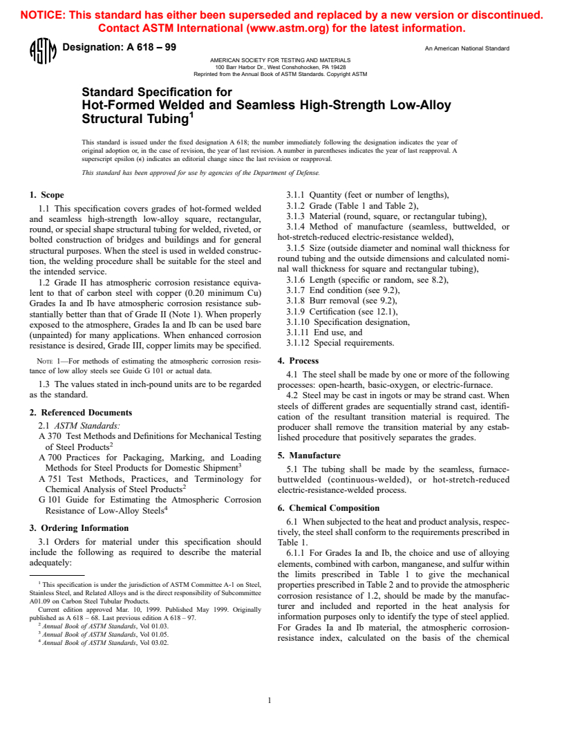 ASTM A618-99 - Standard Specification for Hot-Formed Welded and Seamless High-Strength Low-Alloy Structural Tubing