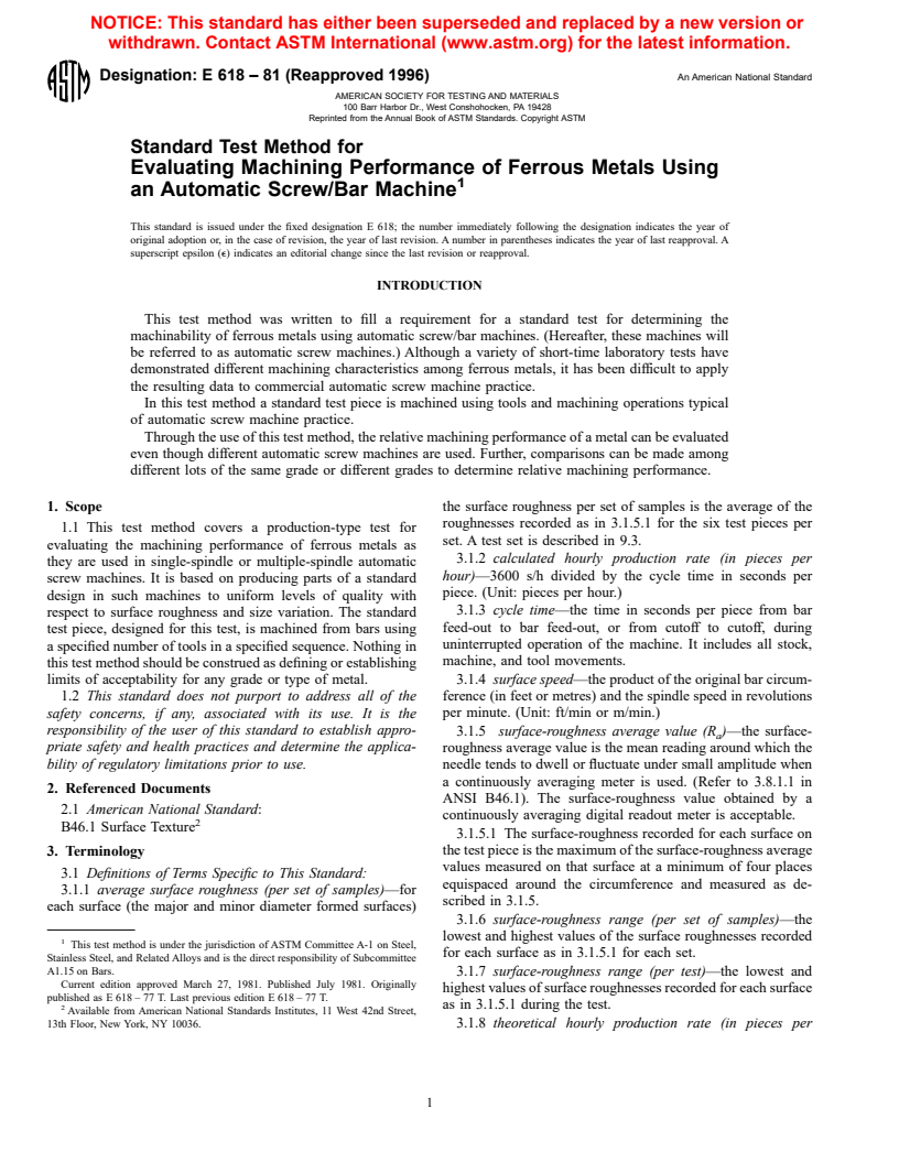 ASTM E618-81(1996) - Standard Method for Evaluating Machining Performance of Ferrous Metals Using an Automatic Screw/Bar Machine