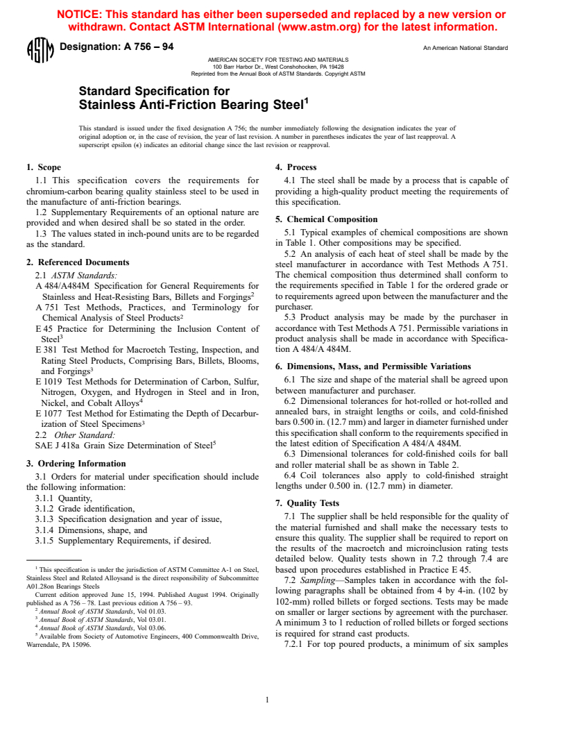 ASTM A756-94 - Standard Specification for Stainless Anti-Friction Bearing Steel