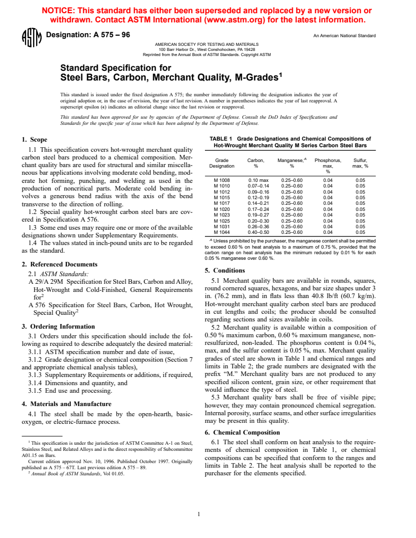 ASTM A575-96 - Standard Specification for Steel Bars, Carbon, Merchant Quality, M-Grades